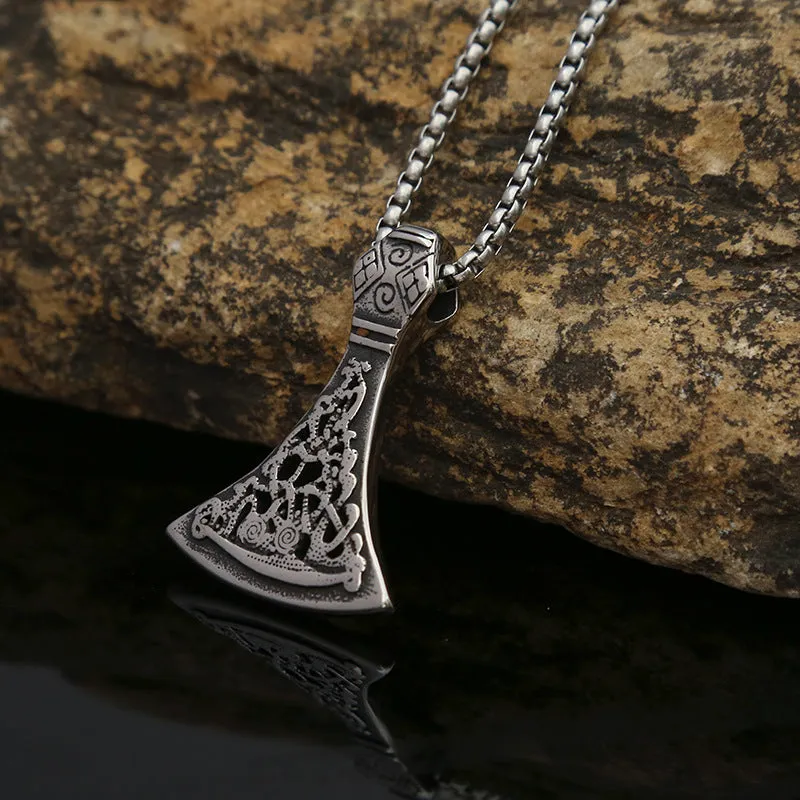 Retro men's high-end titanium steel axe pattern pendant necklace with O-link chain on white background