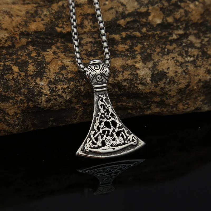 Retro men's high-end titanium steel axe pattern pendant necklace with O-link chain on white background