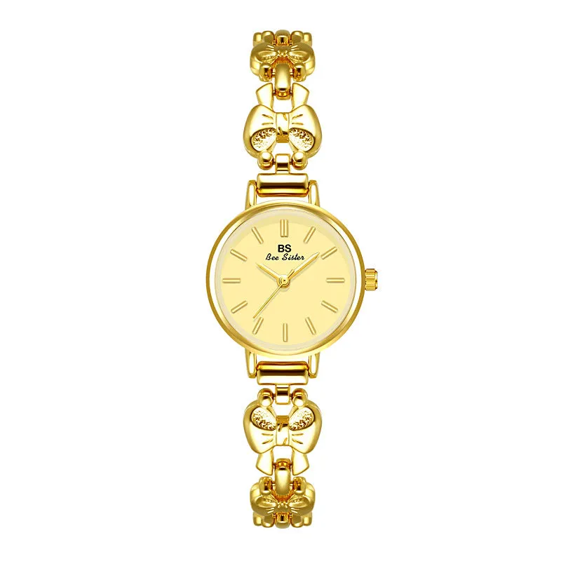 Women's retro French style alloy watch with 7mm slim case in golden white finish