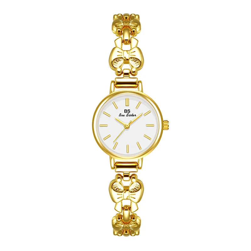 Women's retro French style alloy watch with 7mm slim case in golden white finish