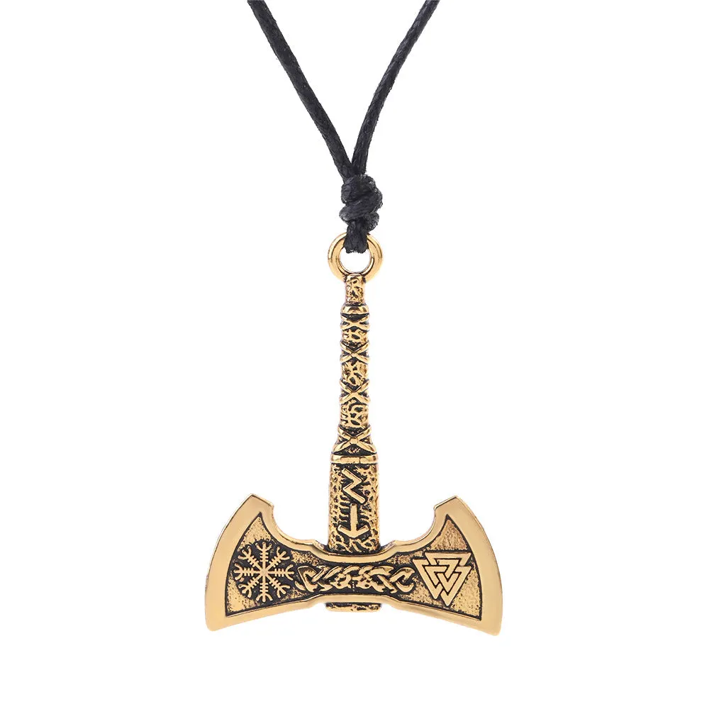 Retro Nordic Viking Odin symbol axe pendant necklace for men in antique silver finish on alloy cross chain