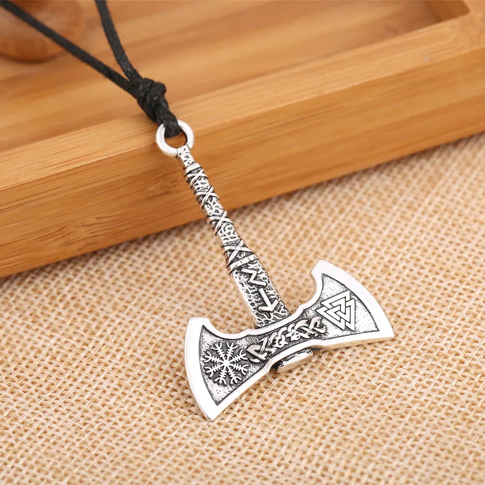 Retro Nordic Viking Odin symbol axe pendant necklace for men in antique silver finish on alloy cross chain