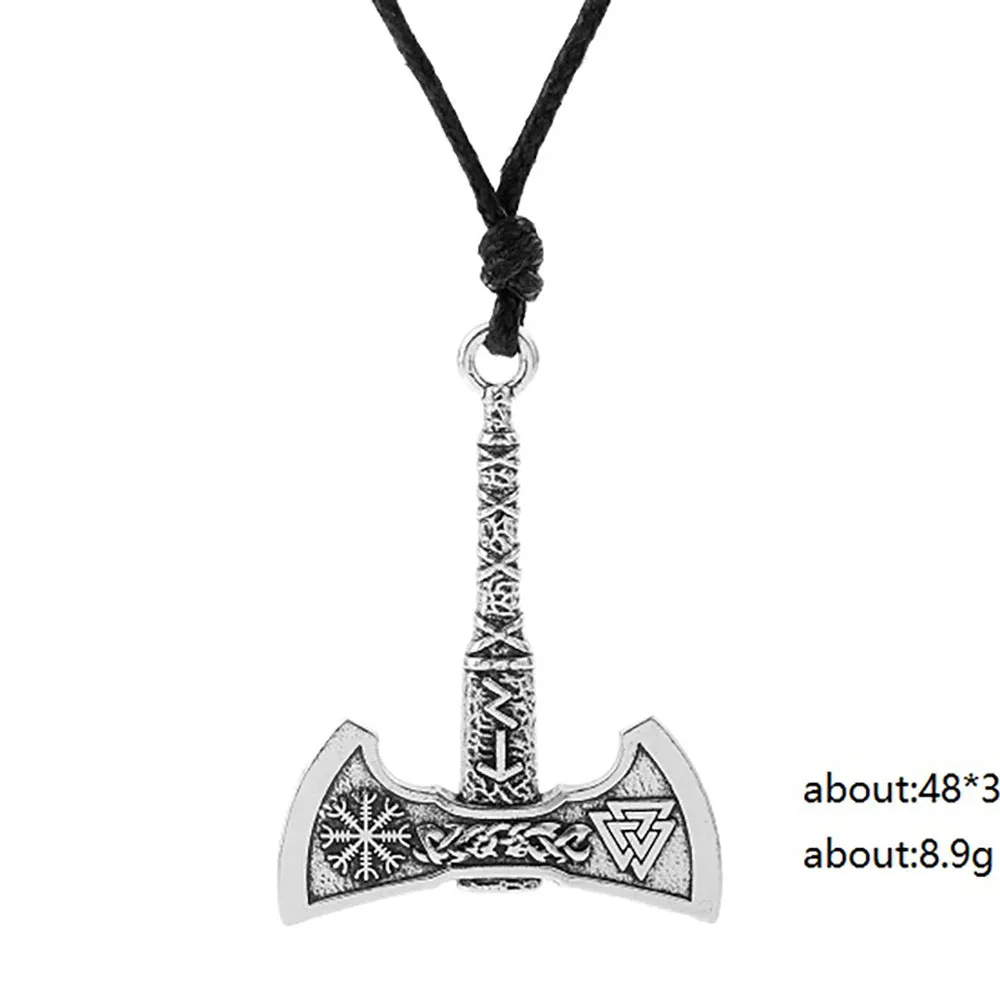 Retro Nordic Viking Odin symbol axe pendant necklace for men in antique silver finish on alloy cross chain