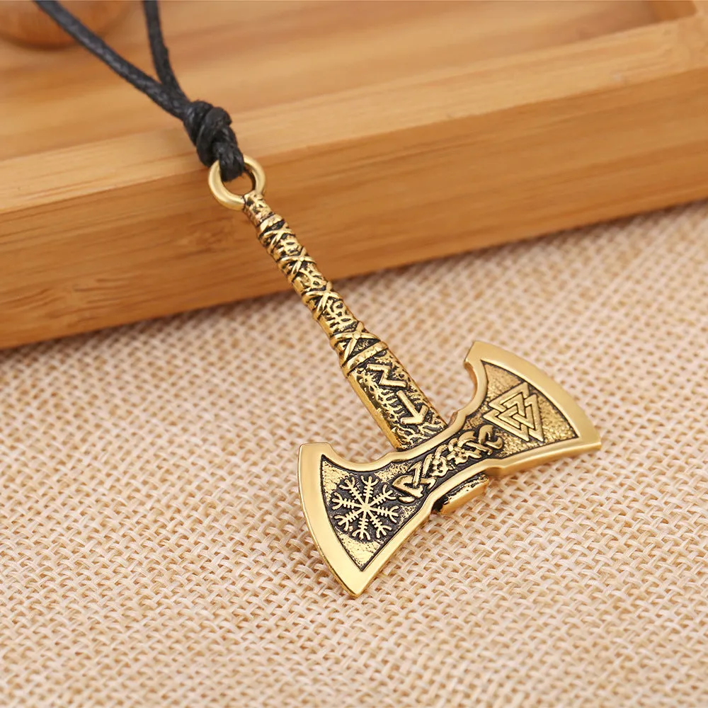 Retro Nordic Viking Odin symbol axe pendant necklace for men in antique silver finish on alloy cross chain