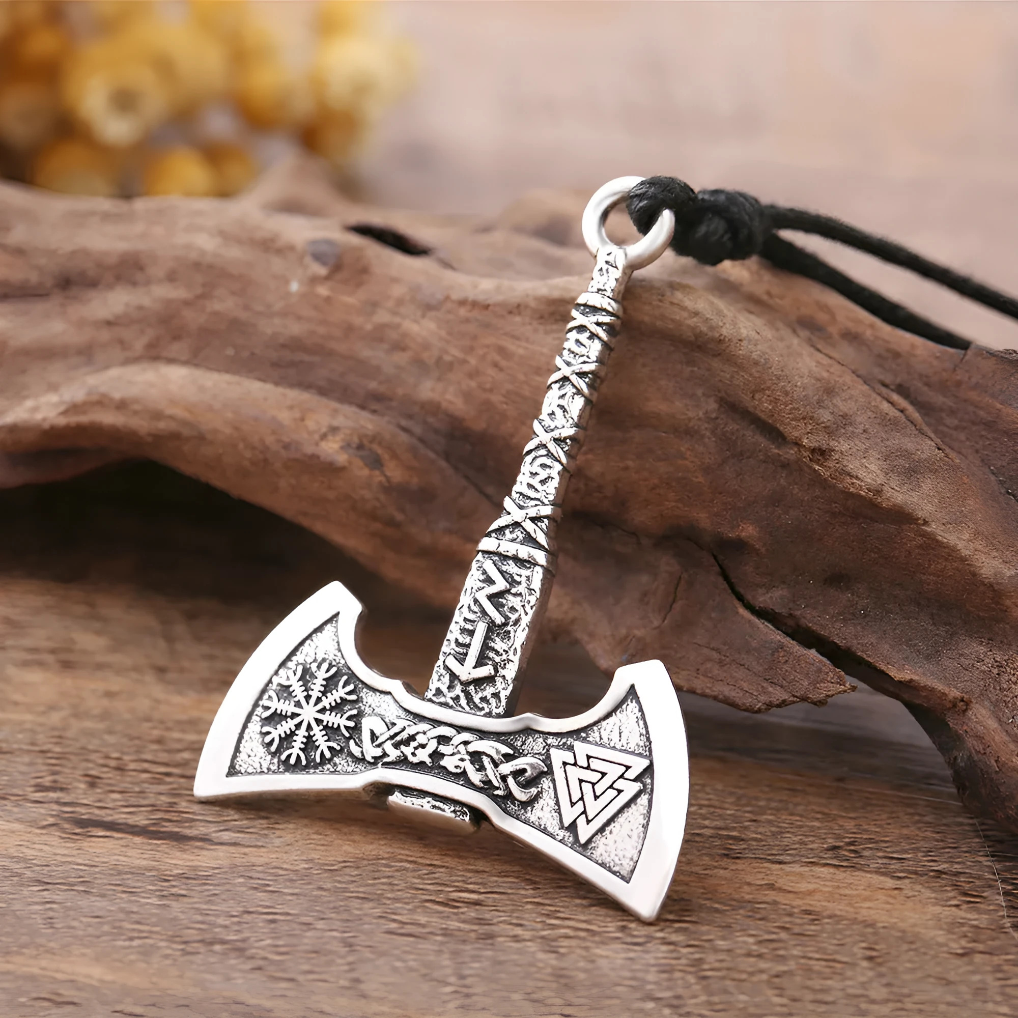 Retro Nordic Viking Odin symbol axe pendant necklace for men in antique silver finish on alloy cross chain