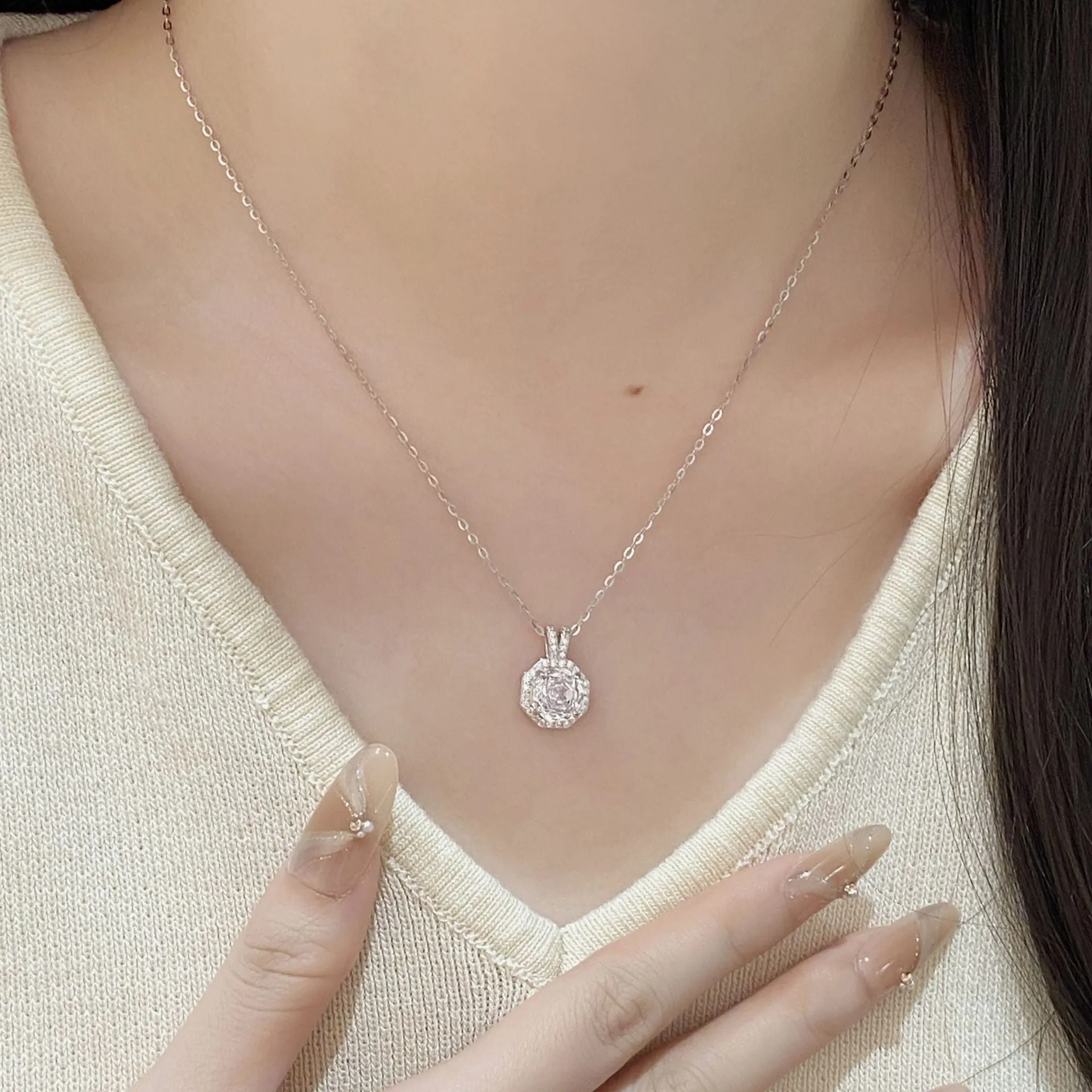 925 silver octagonal rose cut zircon collarbone chain necklace on model, platinum-white electroplated finish