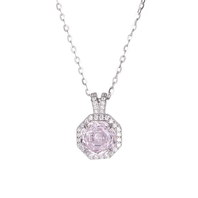 925 silver octagonal rose cut zircon collarbone chain necklace on model, platinum-white electroplated finish