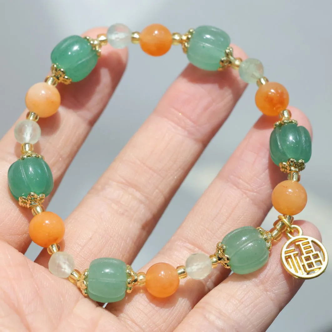Traditional Chinese style Jinsi Jade bracelet with Duobao pumpkin bead for 14-16.5cm wrist