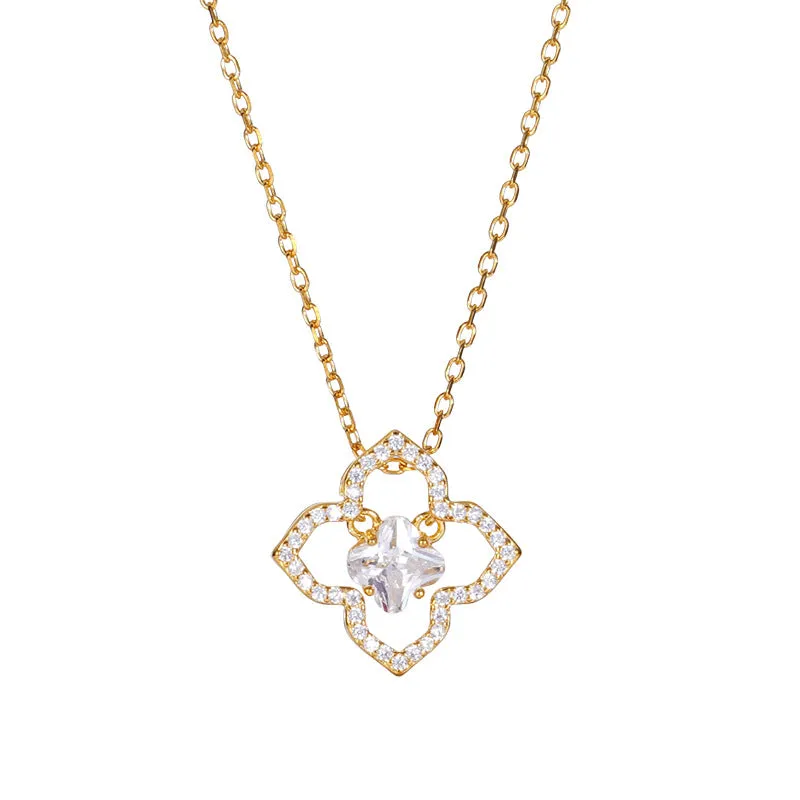 925 silver curb chain collarbone necklace with floral geometric zirconium pendant in platinum colour