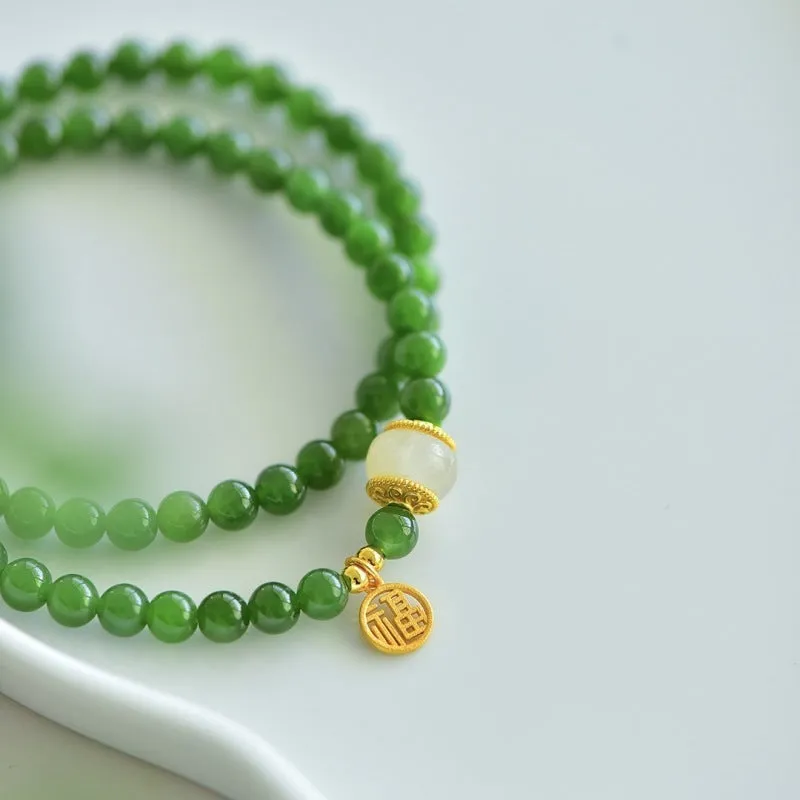 Women's double circle Hetian jade bracelet with fu character in original geometric design