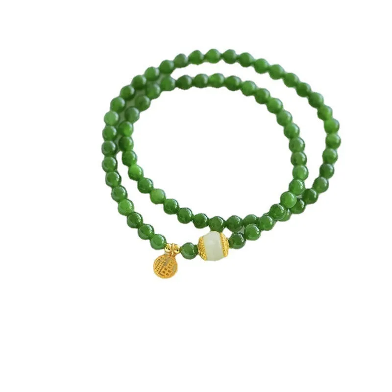 Women's double circle Hetian jade bracelet with fu character in original geometric design
