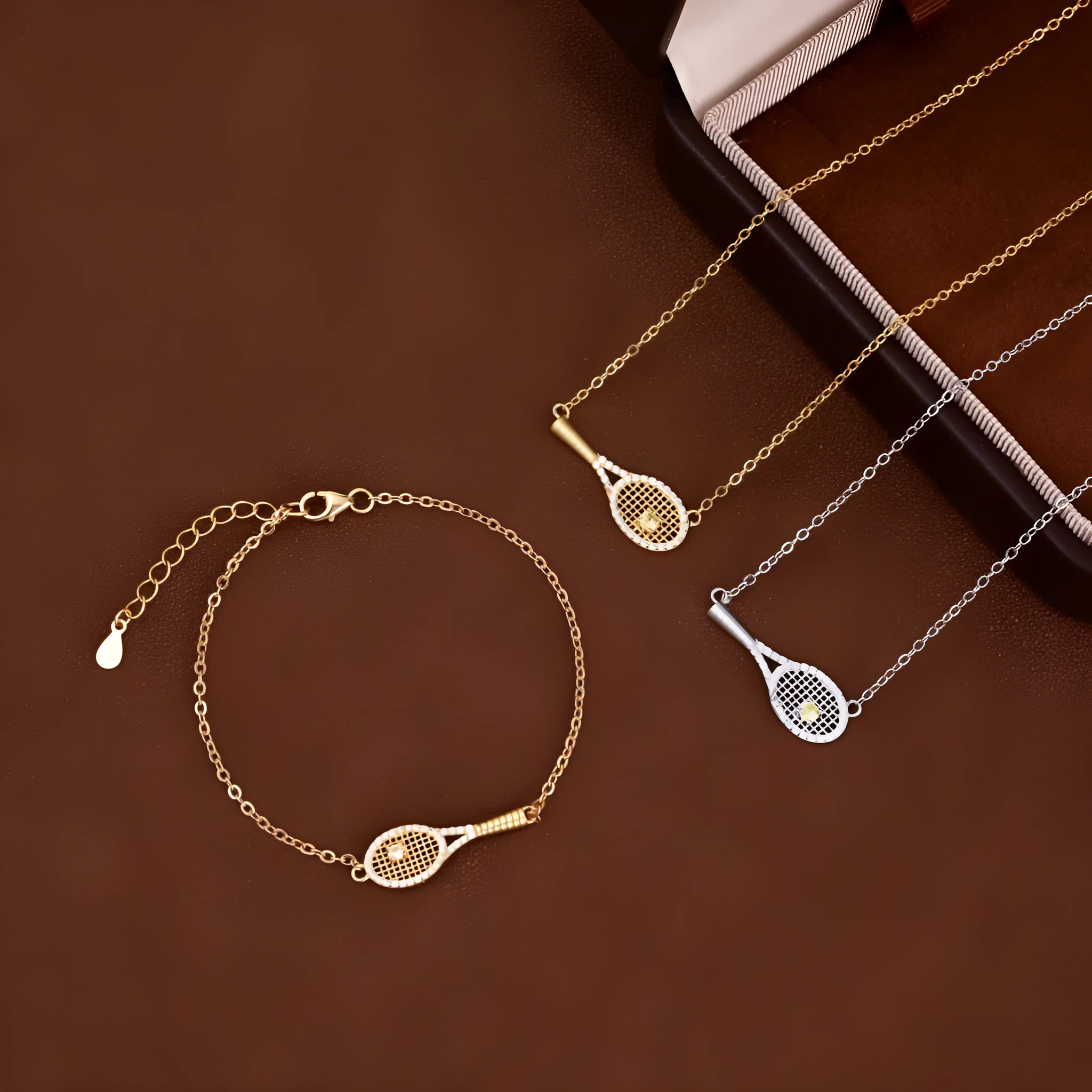 S925 silver grid tennis racket pendant necklace set with yellow diamond accent for women