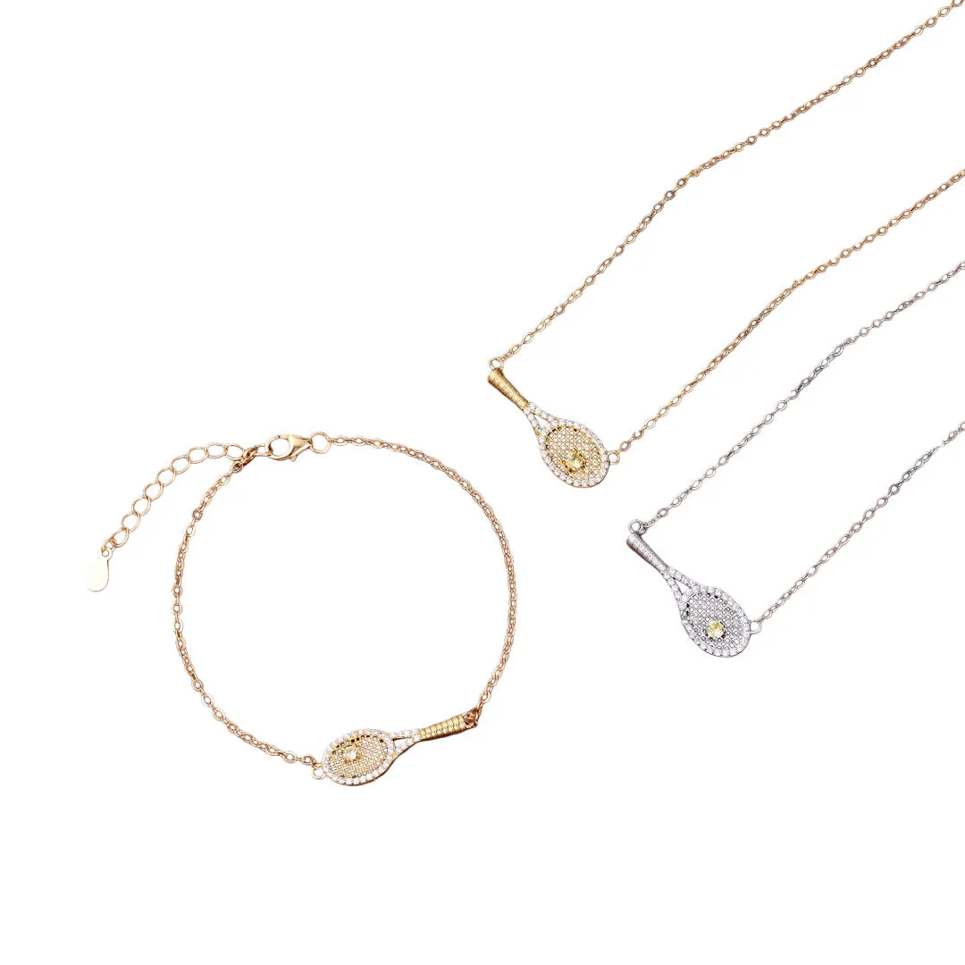 S925 silver grid tennis racket pendant necklace set with yellow diamond accent for women