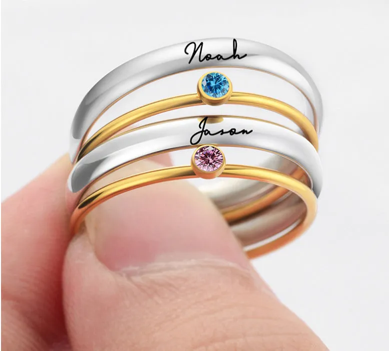 December colour birthstone engraved geometric ring in gold-tone titanium steel.
