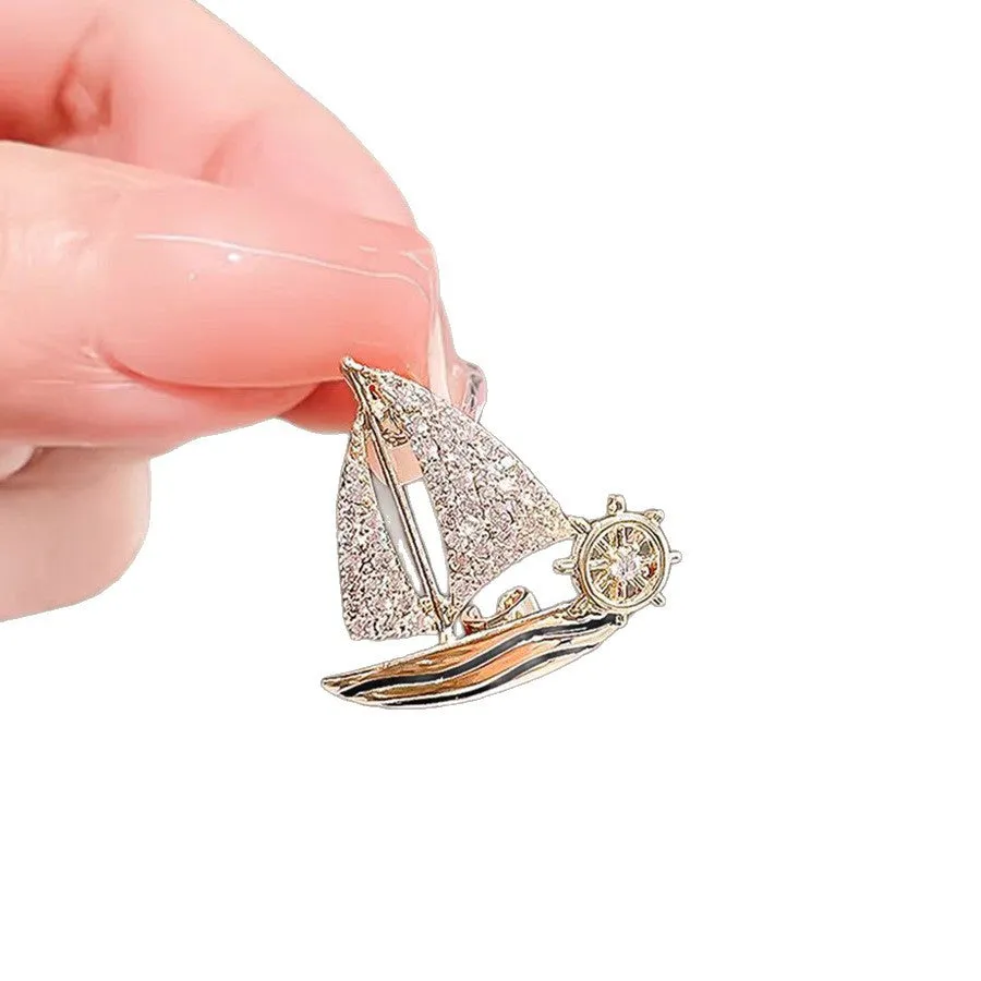 Women's alloy anti-exposure brooch with sailboat design in natural style, 5cm length