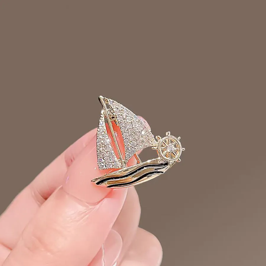 Women's alloy anti-exposure brooch with sailboat design in natural style, 5cm length