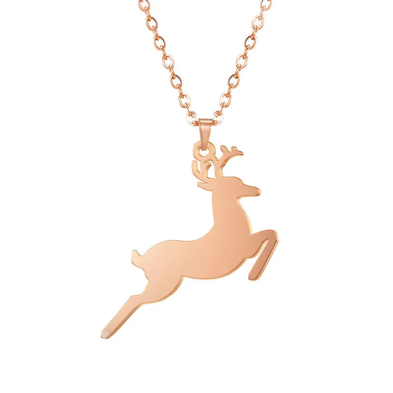Deer pendant stainless steel necklace with titanium steel pendant electroplating finish in rose gold on white background