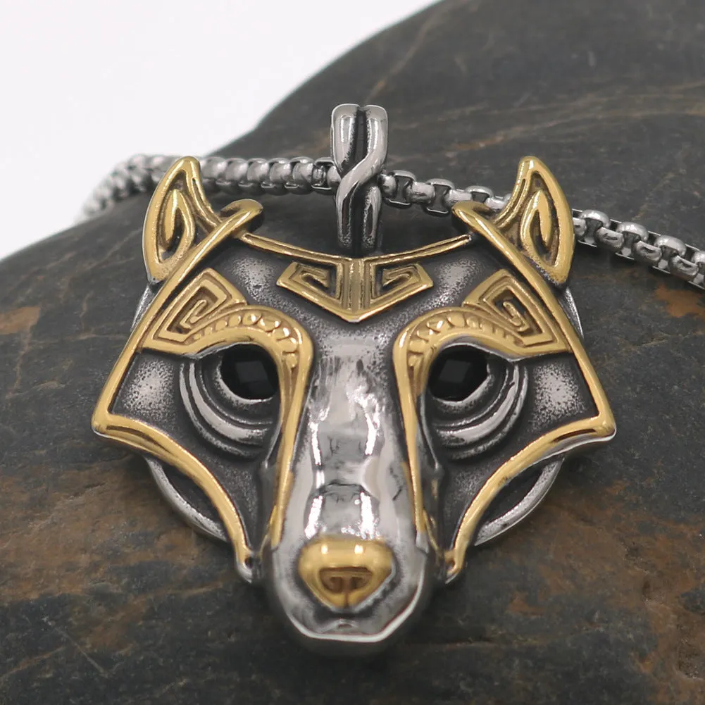 Wolf head titanium steel gold electroplated pendant with snake chain, Viking style, 3.8x4.7 cm