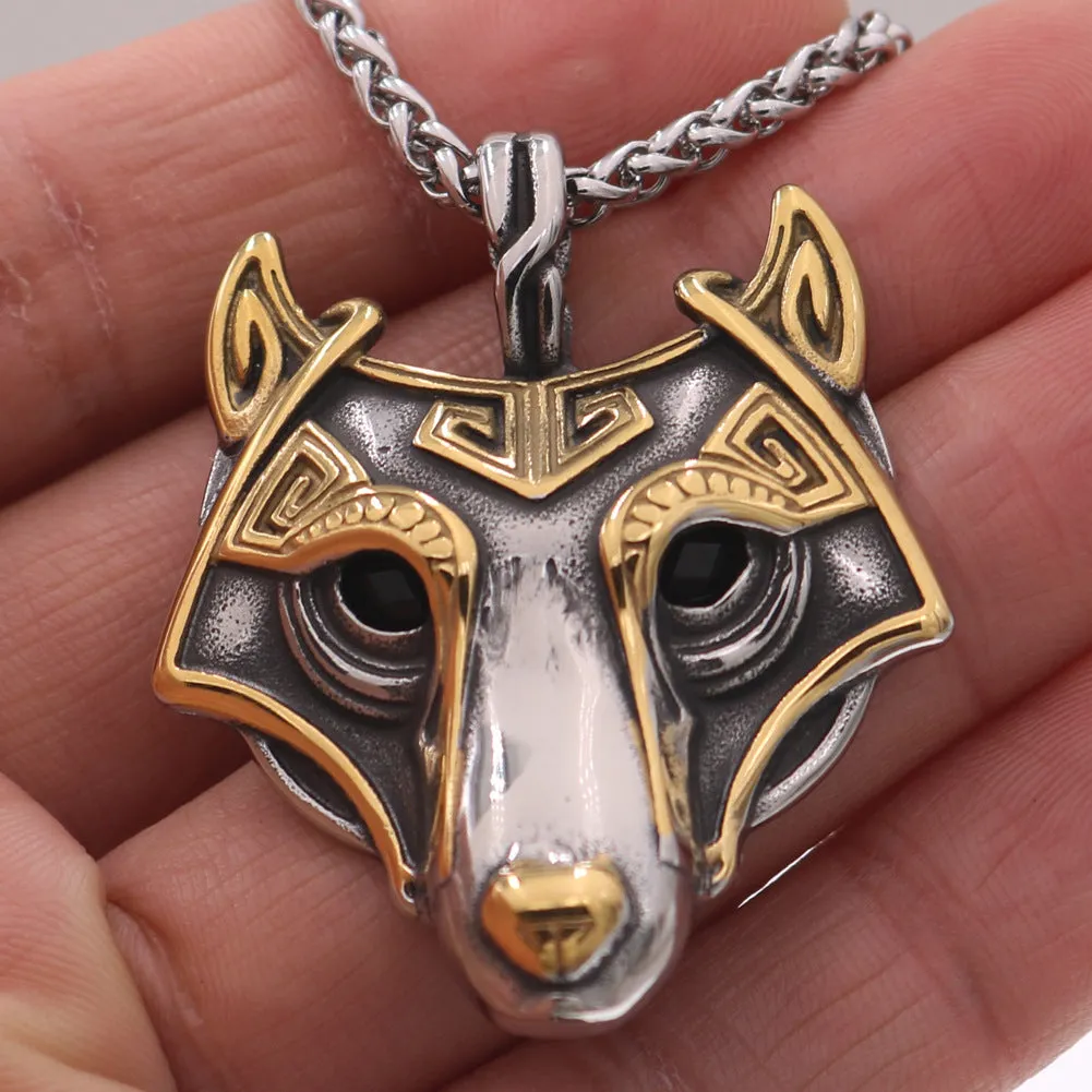 Wolf head titanium steel gold electroplated pendant with snake chain, Viking style, 3.8x4.7 cm
