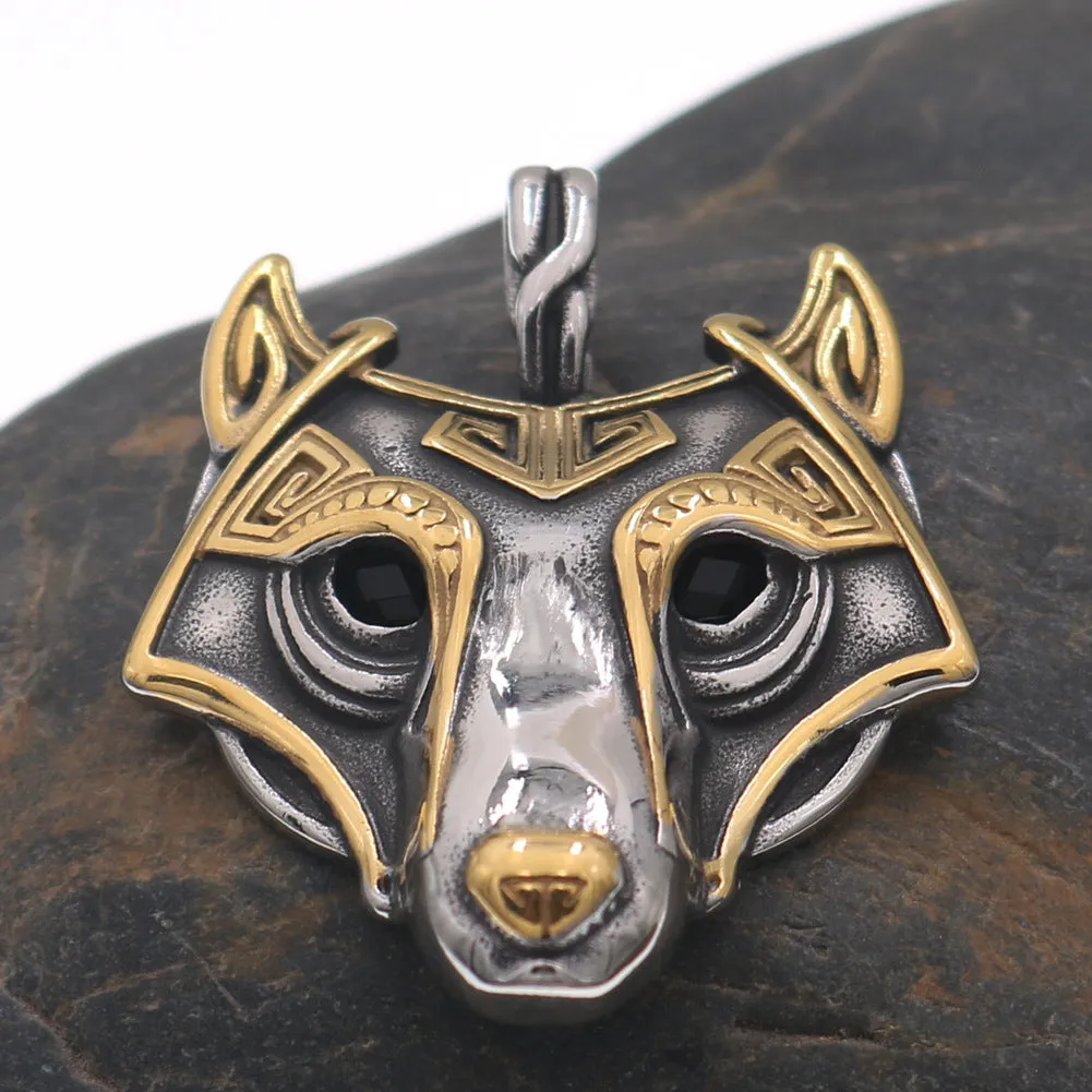 Wolf head titanium steel gold electroplated pendant with snake chain, Viking style, 3.8x4.7 cm