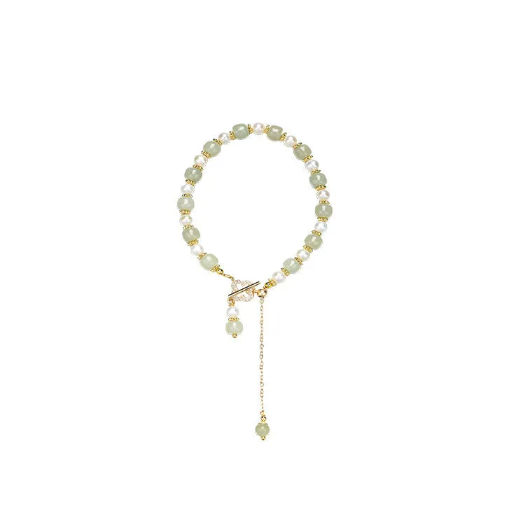 Natural Hetian jade pearl pendant women's bracelet with gold electroplated Chinese style design