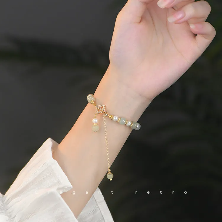 Natural Hetian jade pearl pendant women's bracelet with gold electroplated Chinese style design
