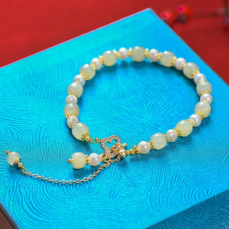 Natural Hetian jade pearl pendant women's bracelet with gold electroplated Chinese style design