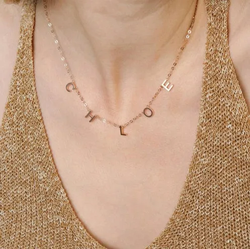 Personalised name necklace with custom initials in 14K Gold finish on 316L Titanium Steel chain, 40+5 cm adjustable length