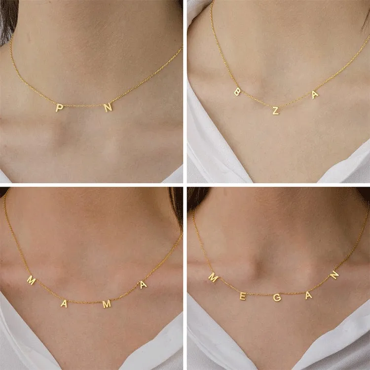 Personalised name necklace with custom initials in 14K Gold finish on 316L Titanium Steel chain, 40+5 cm adjustable length