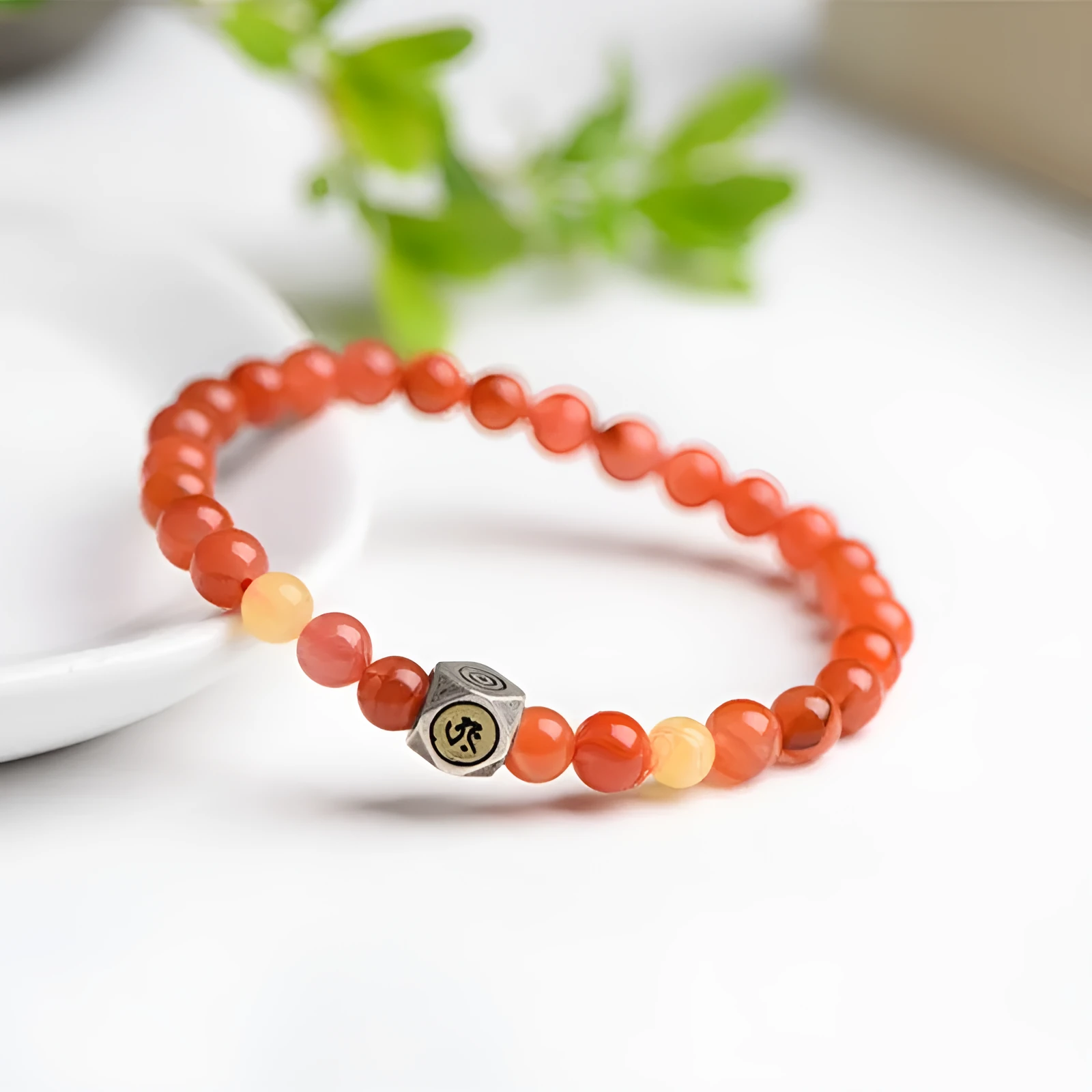 Natural Nanhong agate and beeswax zodiac bracelet with constellation charm in 6mm or 8mm bead size.
