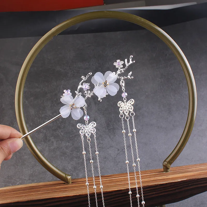 Ancient style Hanfu plum blossom branch tassel hairpin white flower drill clip gold and silver metal