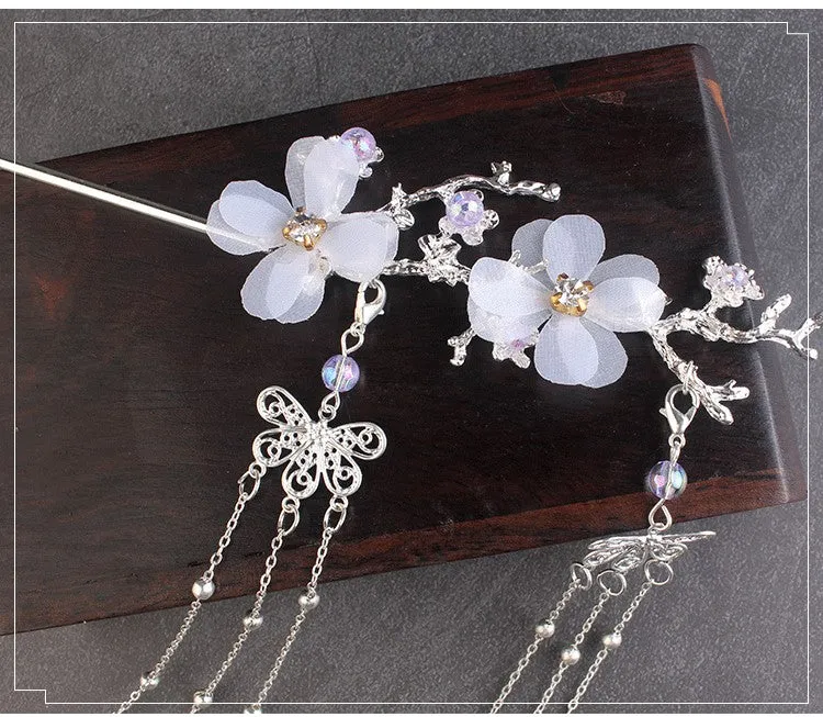 Ancient style Hanfu plum blossom branch tassel hairpin white flower drill clip gold and silver metal