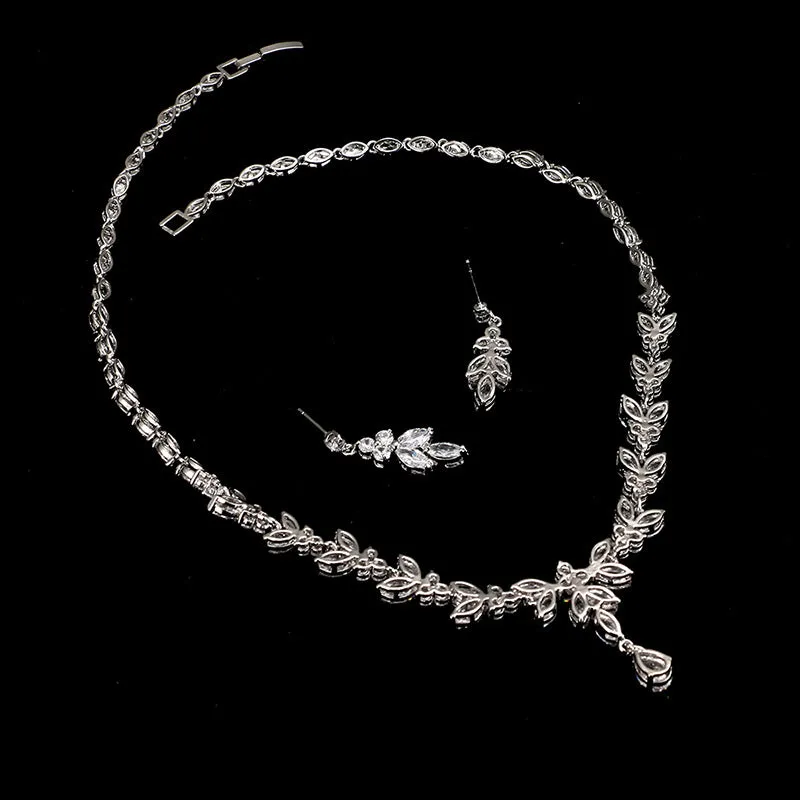 Women's alloy necklace and earrings set with gold-plated inlaid artificial gems and zircon chain on black box