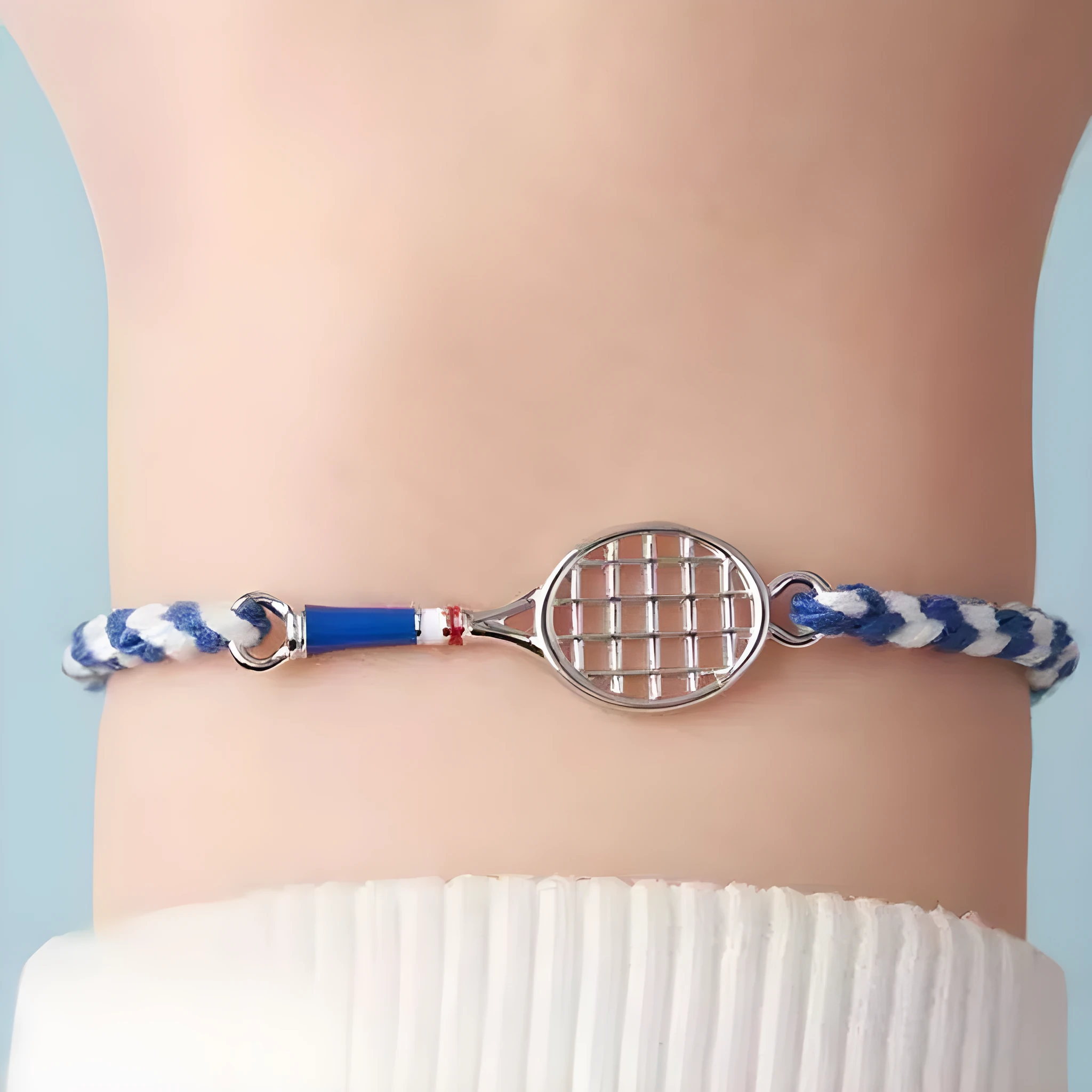 Retro blue and white rope woven tennis racket wristband bracelet with copper base and geometric dream catcher design
