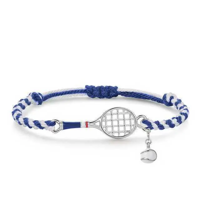 Retro blue and white rope woven tennis racket wristband bracelet with copper base and geometric dream catcher design