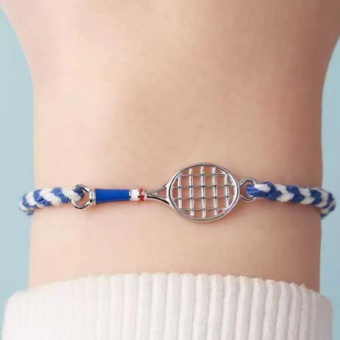 Retro blue and white rope woven tennis racket wristband bracelet with copper base and geometric dream catcher design