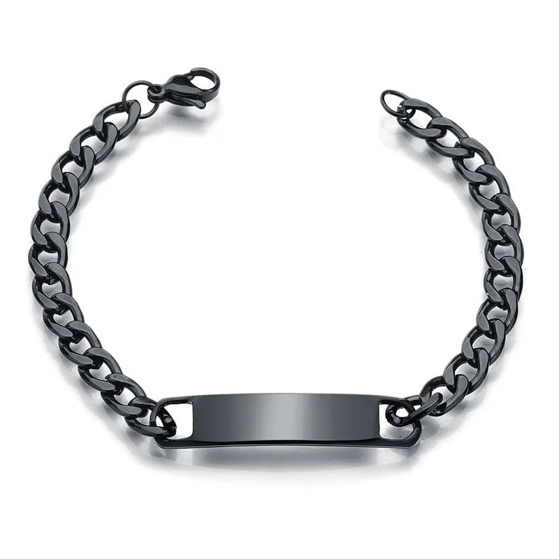 Personalised stainless steel bracelet with laser engraved human eye design, available in black, gold, and silver finishes