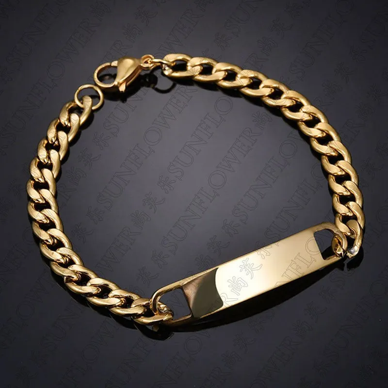 Personalised stainless steel bracelet with laser engraved human eye design, available in black, gold, and silver finishes