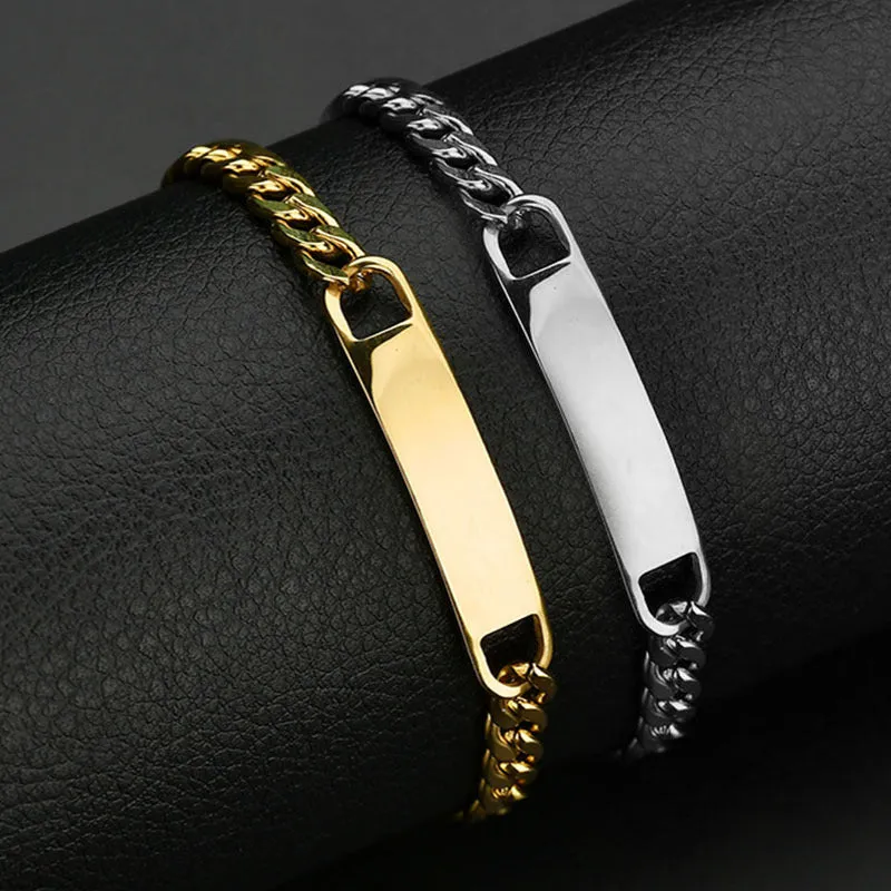 Personalised stainless steel bracelet with laser engraved human eye design, available in black, gold, and silver finishes