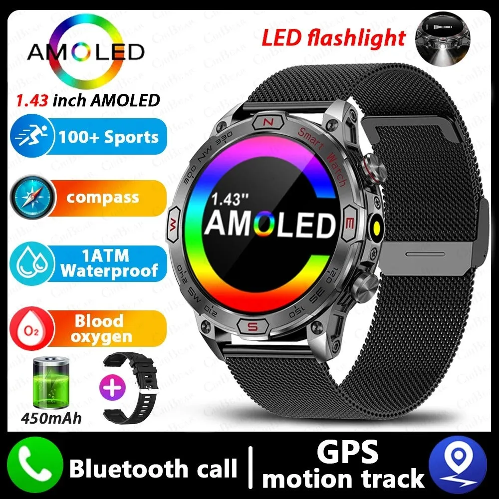 Smart watch with HD IPS screen showing health data, Bluetooth calling, and magnetic charging. Available in black, silver, and blue band options.