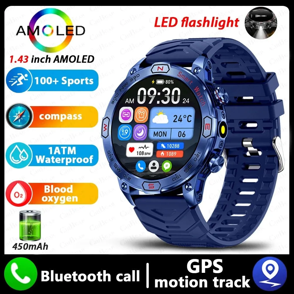 Smart watch with HD IPS screen showing health data, Bluetooth calling, and magnetic charging. Available in black, silver, and blue band options.