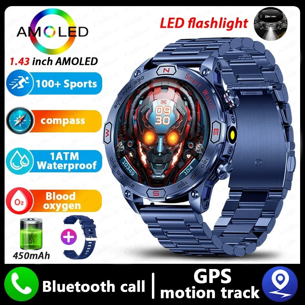Smart watch with HD IPS screen showing health data, Bluetooth calling, and magnetic charging. Available in black, silver, and blue band options.
