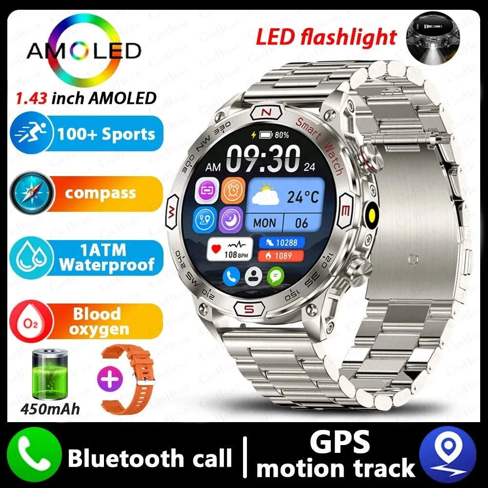 Smart watch with HD IPS screen showing health data, Bluetooth calling, and magnetic charging. Available in black, silver, and blue band options.