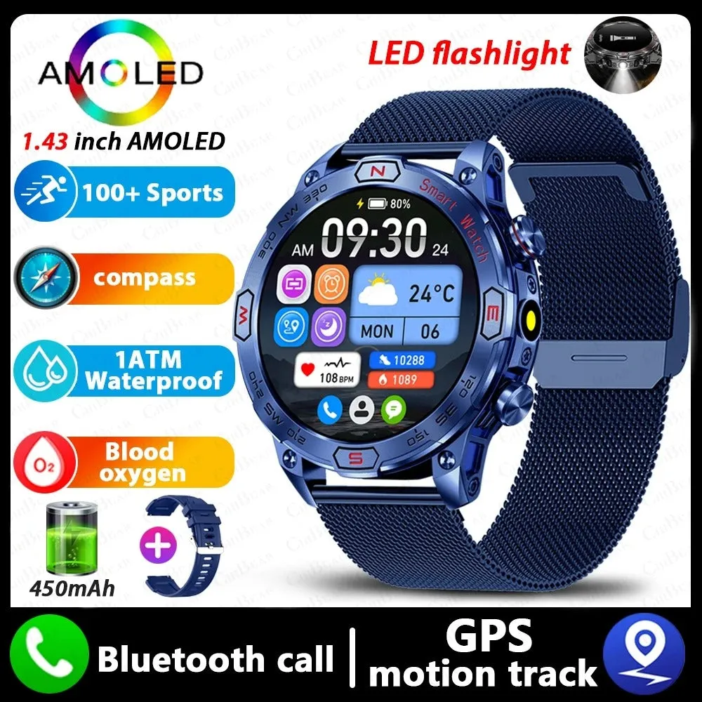Smart watch with HD IPS screen showing health data, Bluetooth calling, and magnetic charging. Available in black, silver, and blue band options.