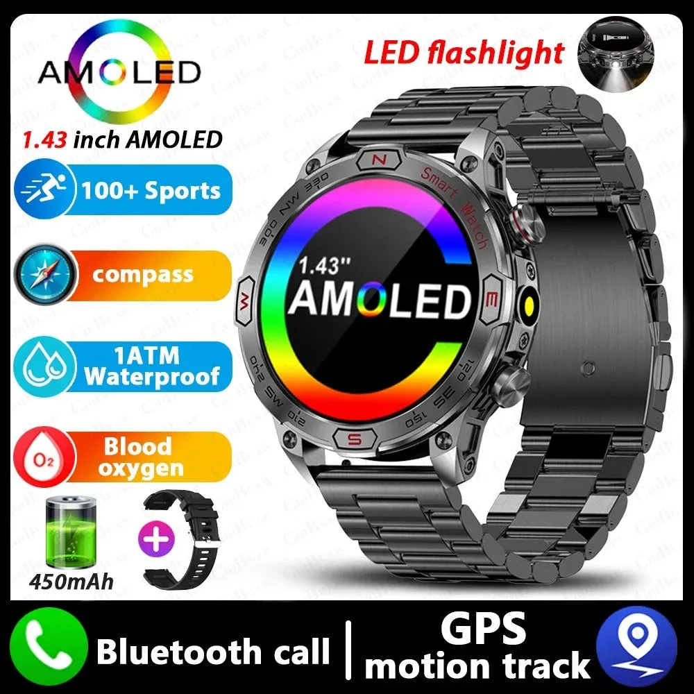 Smart watch with HD IPS screen showing health data, Bluetooth calling, and magnetic charging. Available in black, silver, and blue band options.