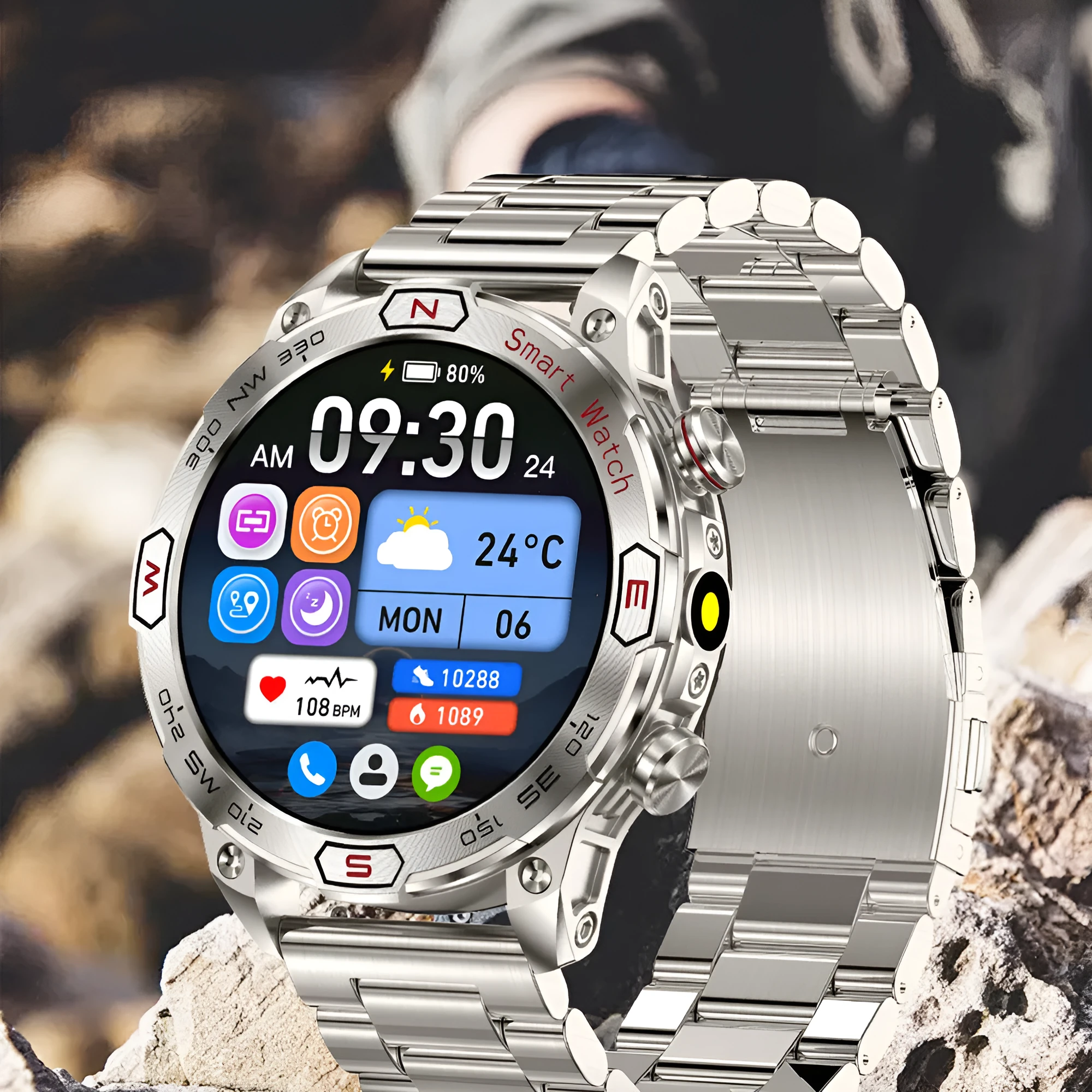Smart watch with HD IPS screen showing health data, Bluetooth calling, and magnetic charging. Available in black, silver, and blue band options.