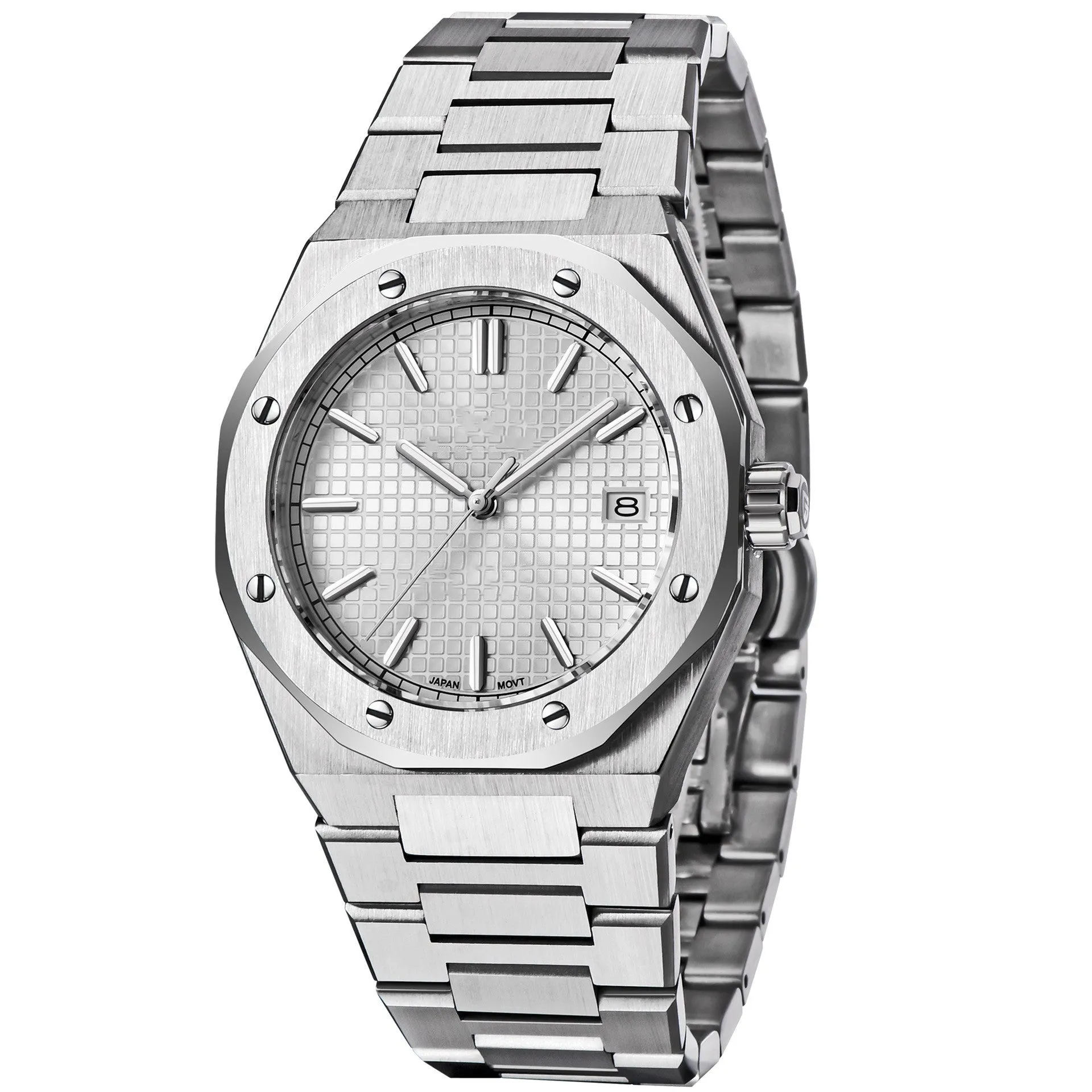 Men's NH35 automatic mechanical watch with stainless steel case and strap, 40mm dial, sapphire mirror, and luminous hands on a white background