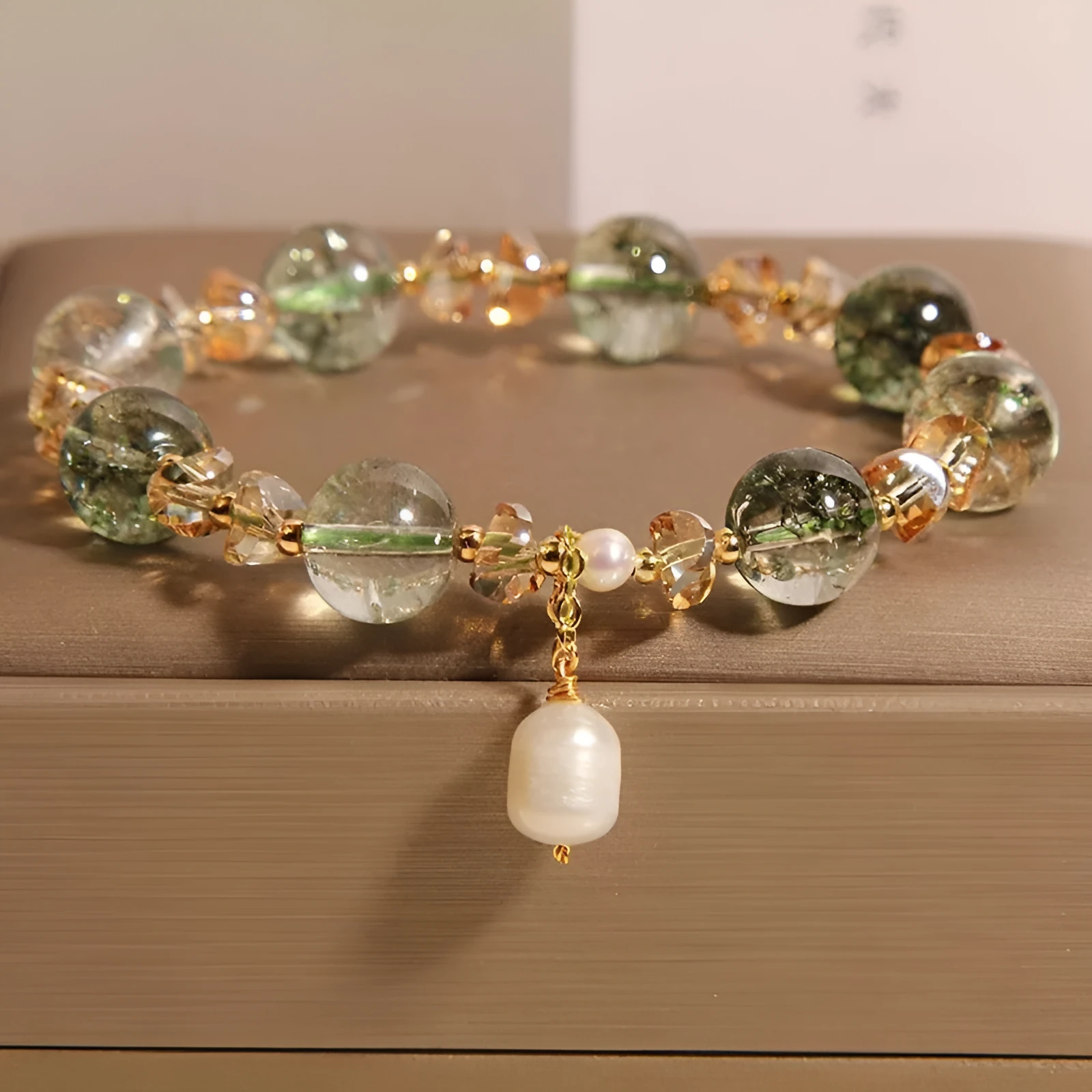 Natural chorite crystal bracelet with champagne quartz and green phantom quartz accents