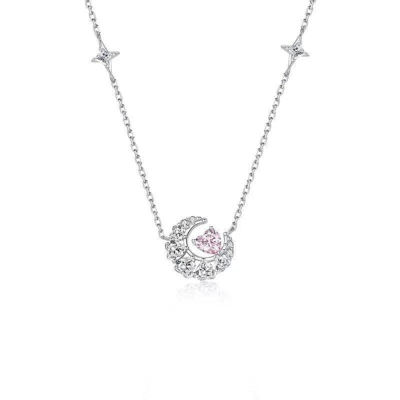 Dream Heart Moon Necklace copper heart pendant with moon and stars in pink diamond finish on cross chain