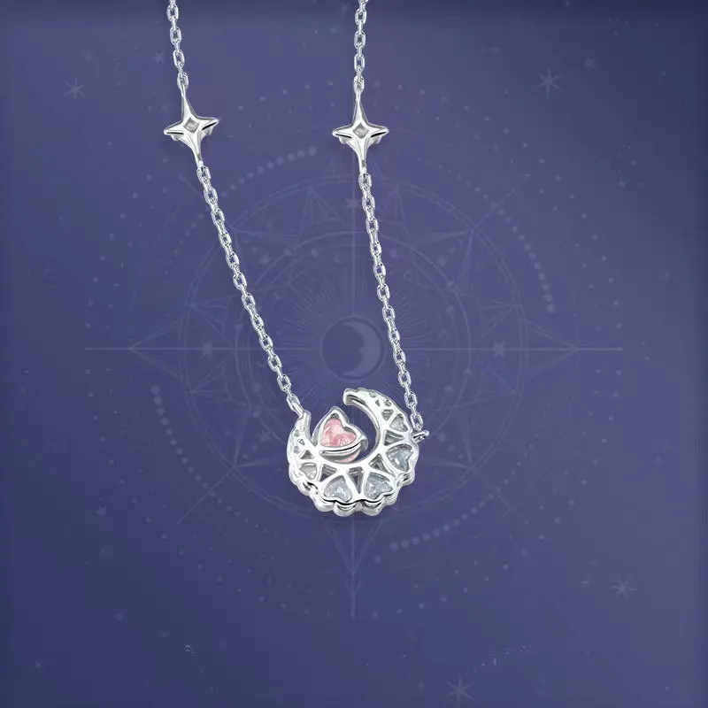 Dream Heart Moon Necklace copper heart pendant with moon and stars in pink diamond finish on cross chain